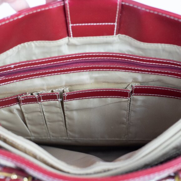 Isaac Mizrahi Striped Logo Tote Bag with Red Faux Leather Trim - Picture 12 of 15